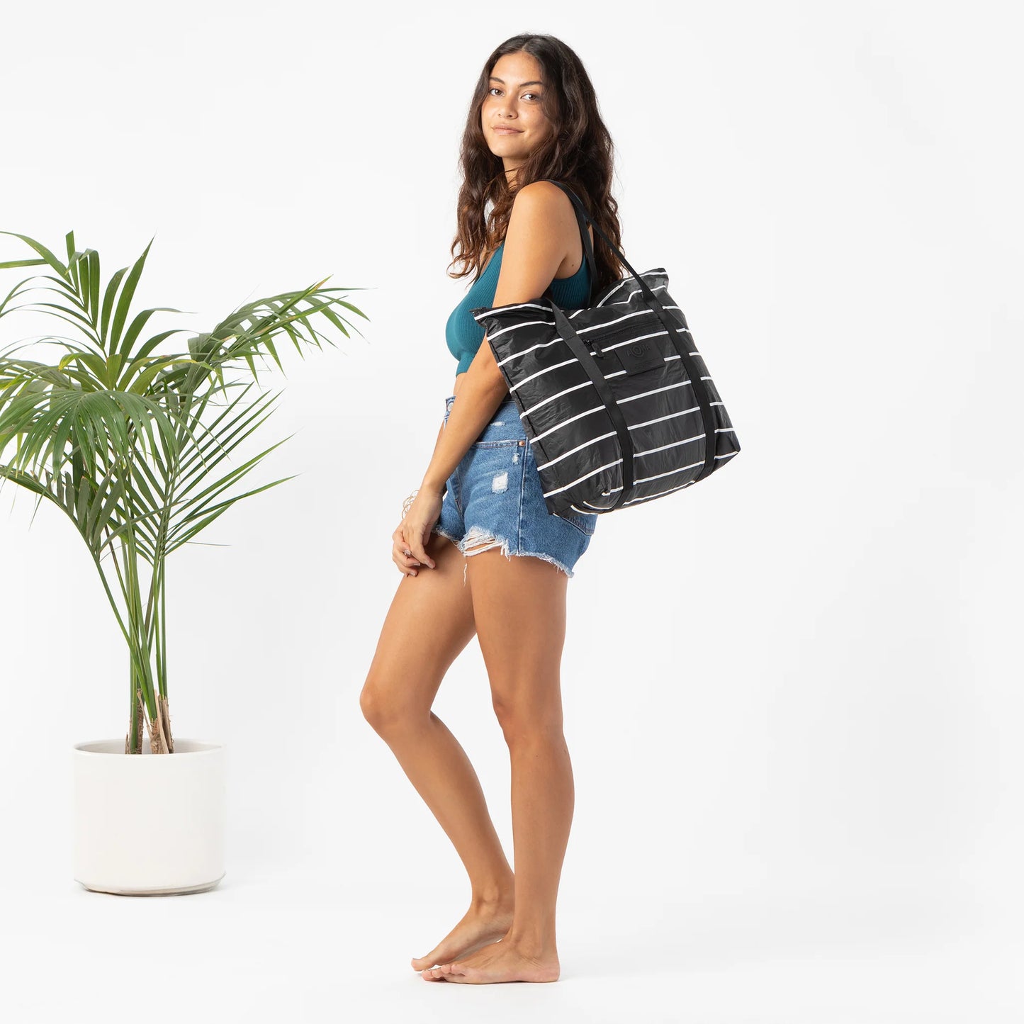 Pinstripe Zipper Tote - White on Black