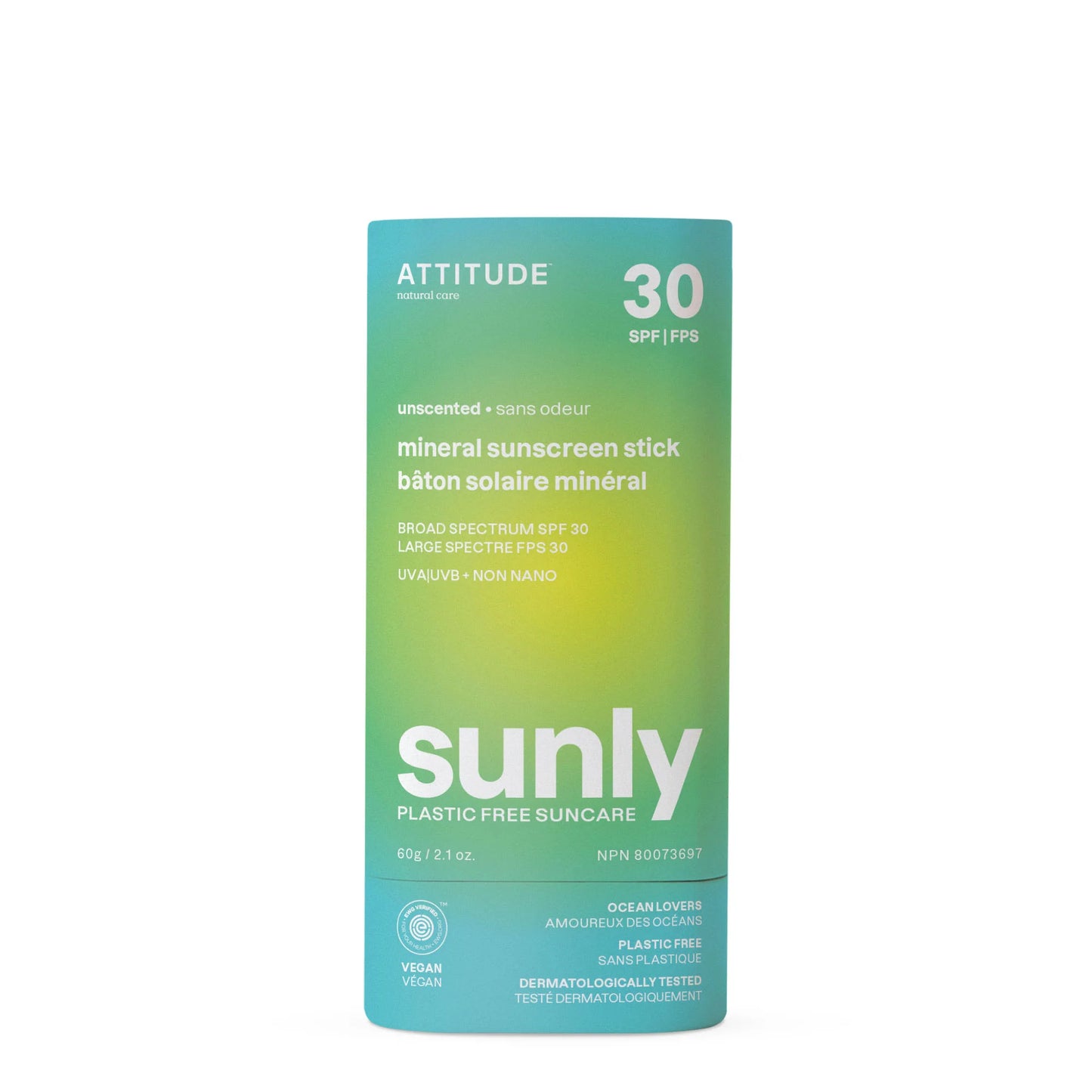 Plastic-free mineral sunscreen stick SPF 30 - Unscented - 60g