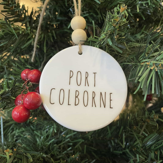 Port Colborne Ceramic Ornament with Wood Beads