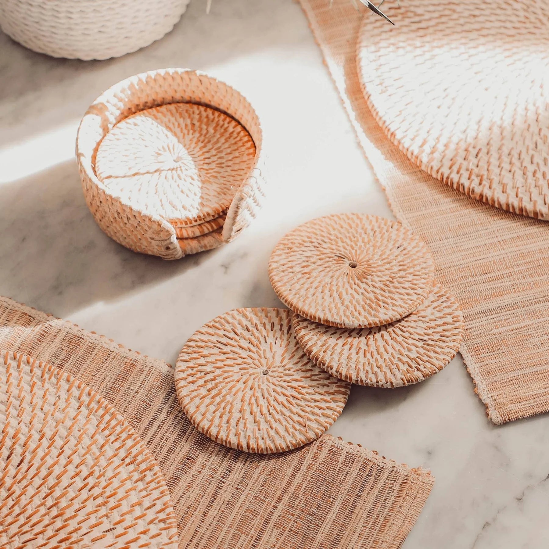 Rattan Coaster Set of 6 White Wash Planks Canada