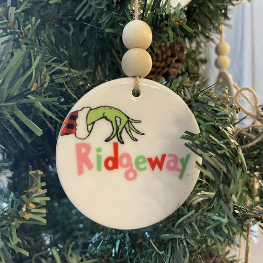 Ridgeway Grinch Hand Ceramic Ornament with Wood Beads