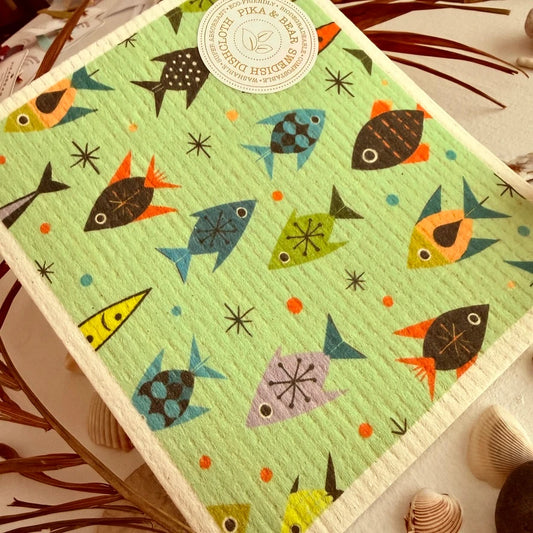 Sardinia Mid-Century Fish Design Swedish Dishcloth