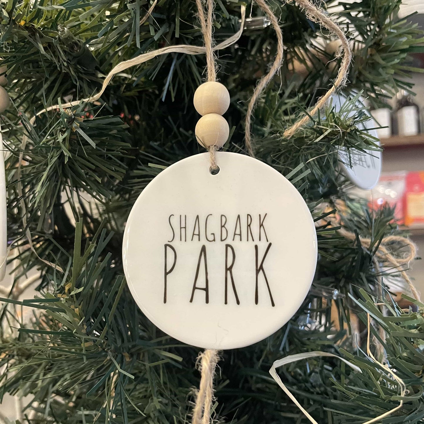 Shagbark Park Ceramic Ornament with Wood Beads