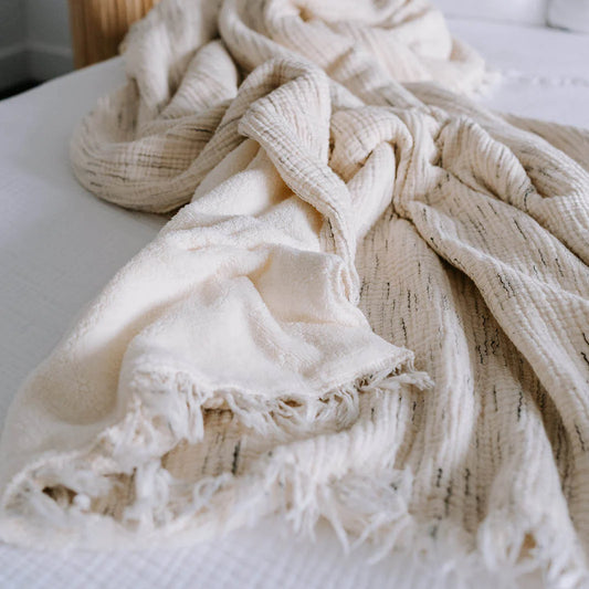 Sketched Crinkle Fleece Lined Throw - Natural with Grey Slub