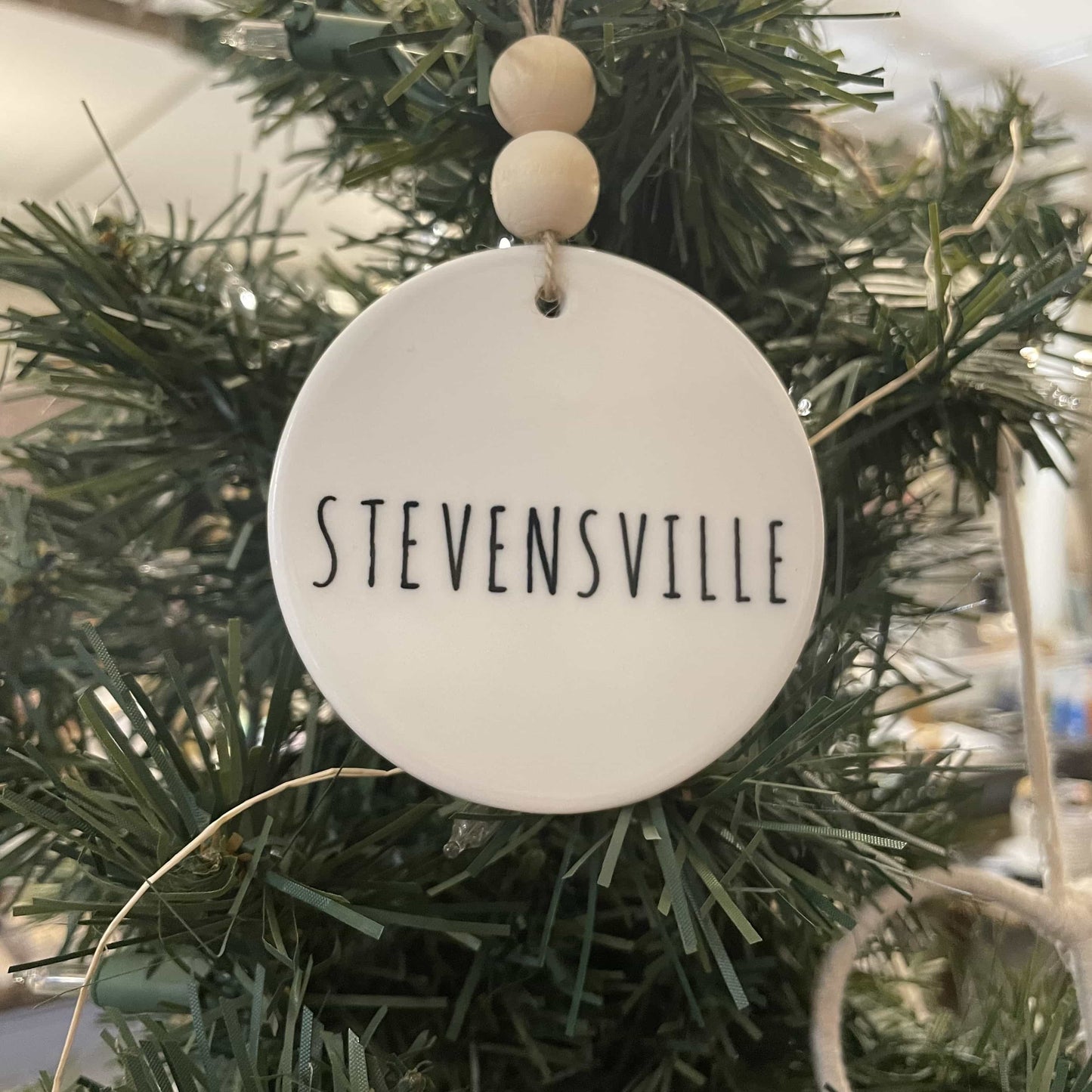 Stevensville Ceramic Ornament with Wood Beads