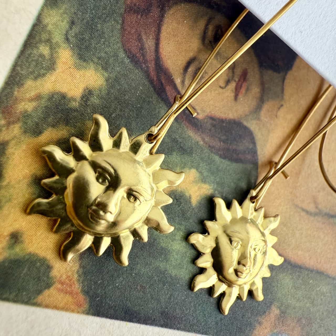 Surya Raw Brass Sun Face Drop Earrings