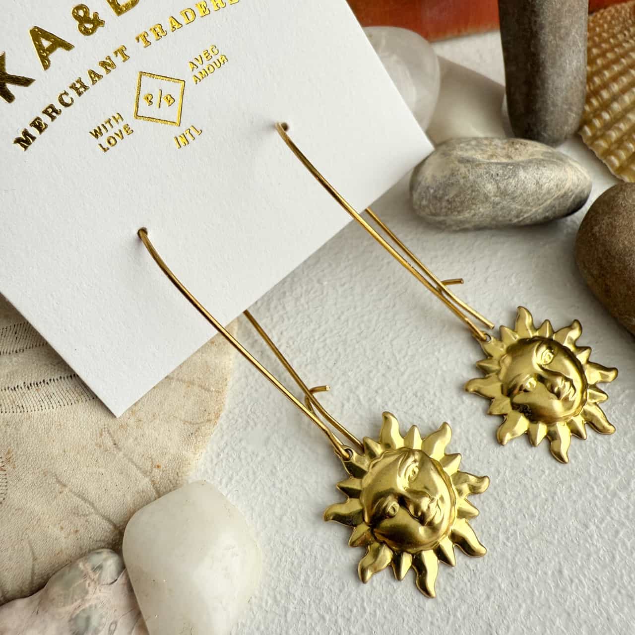 Surya Raw Brass Sun Face Drop Earrings