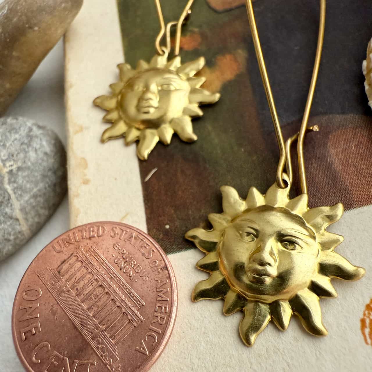 Surya Raw Brass Sun Face Drop Earrings