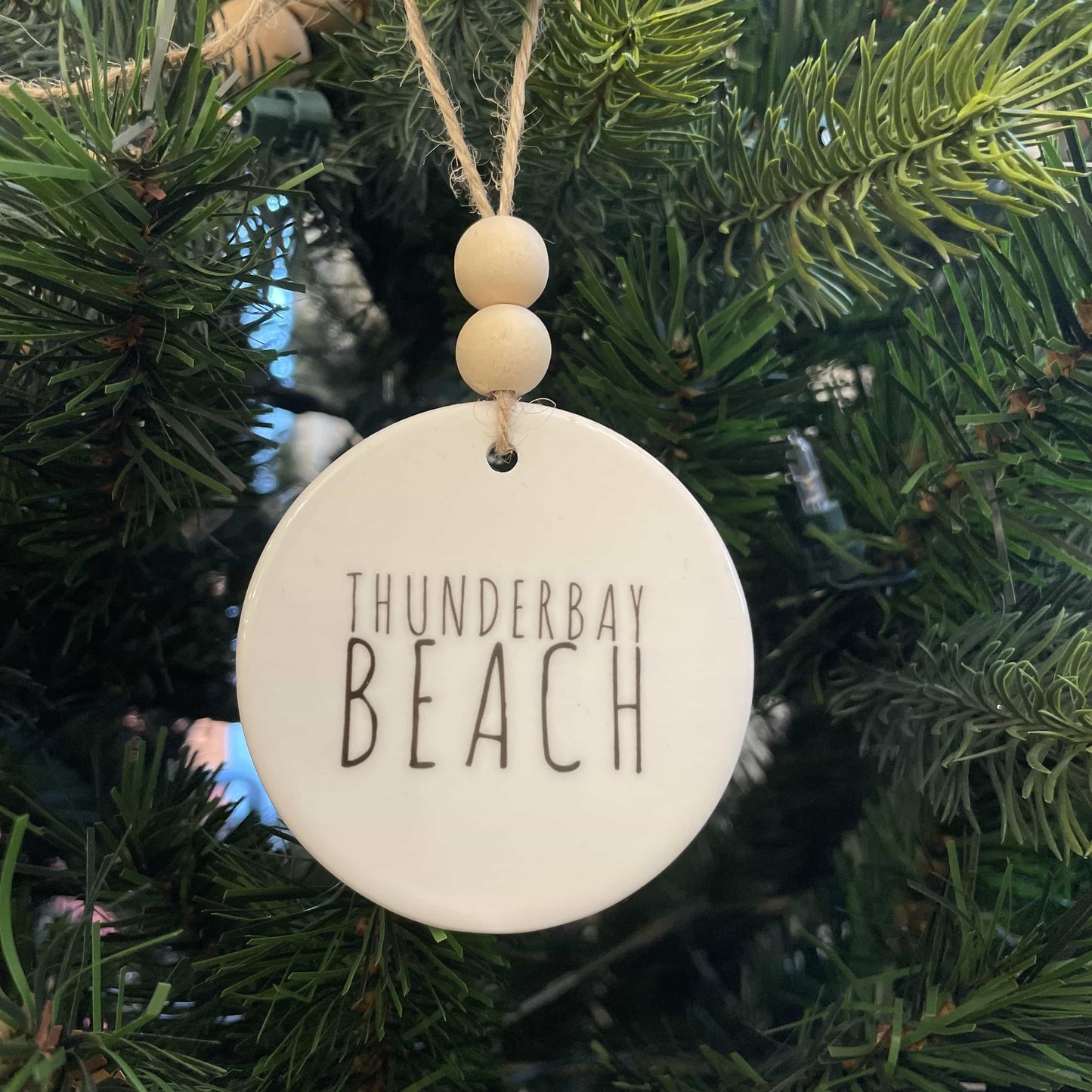 Thunder Bay Beach Ceramic Ornament with Wood Beads