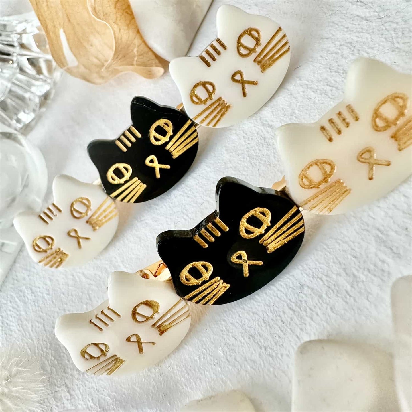 Triple Trouble Cat Face Hair Clips - Pearl and Black