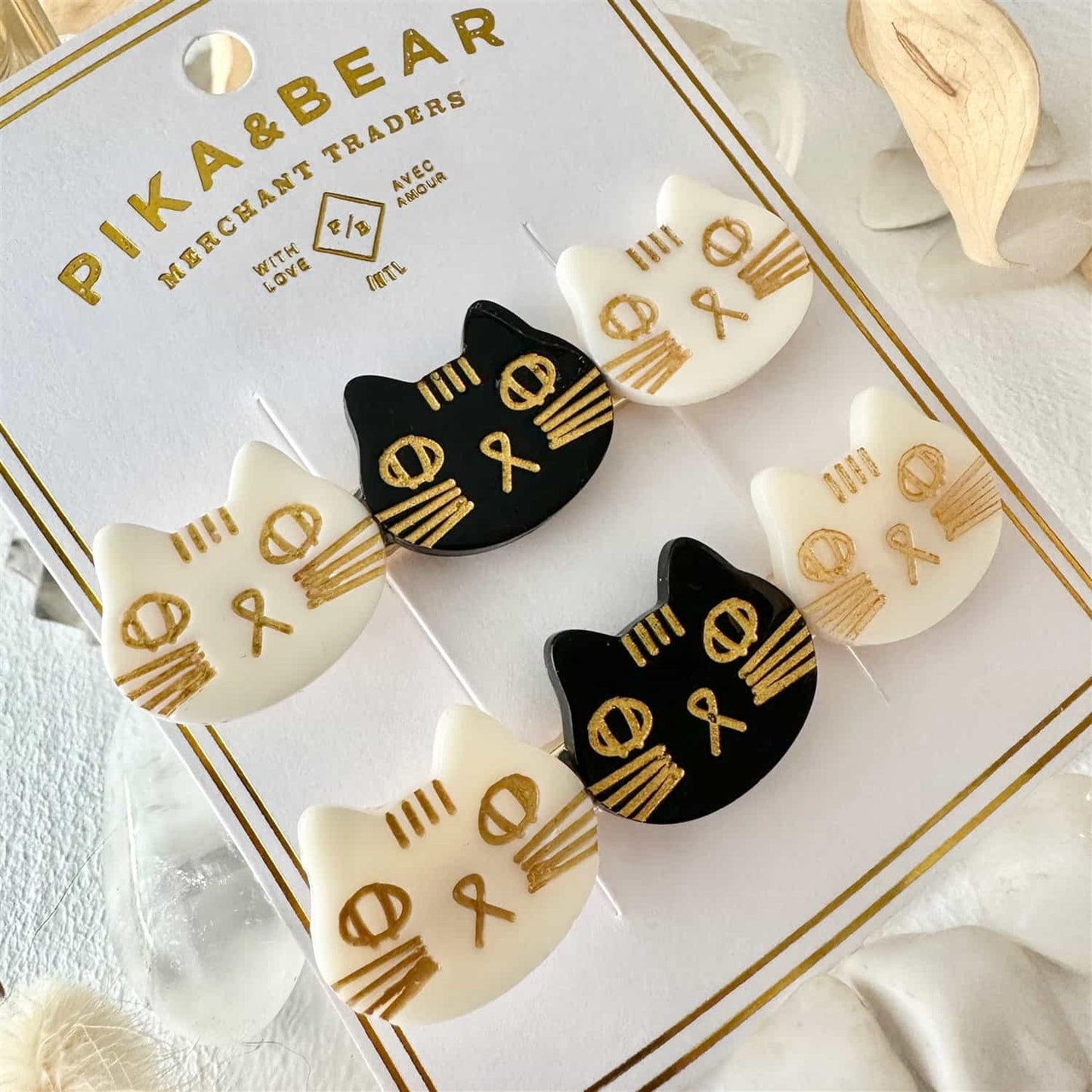 Triple Trouble Cat Face Hair Clips - Pearl and Black