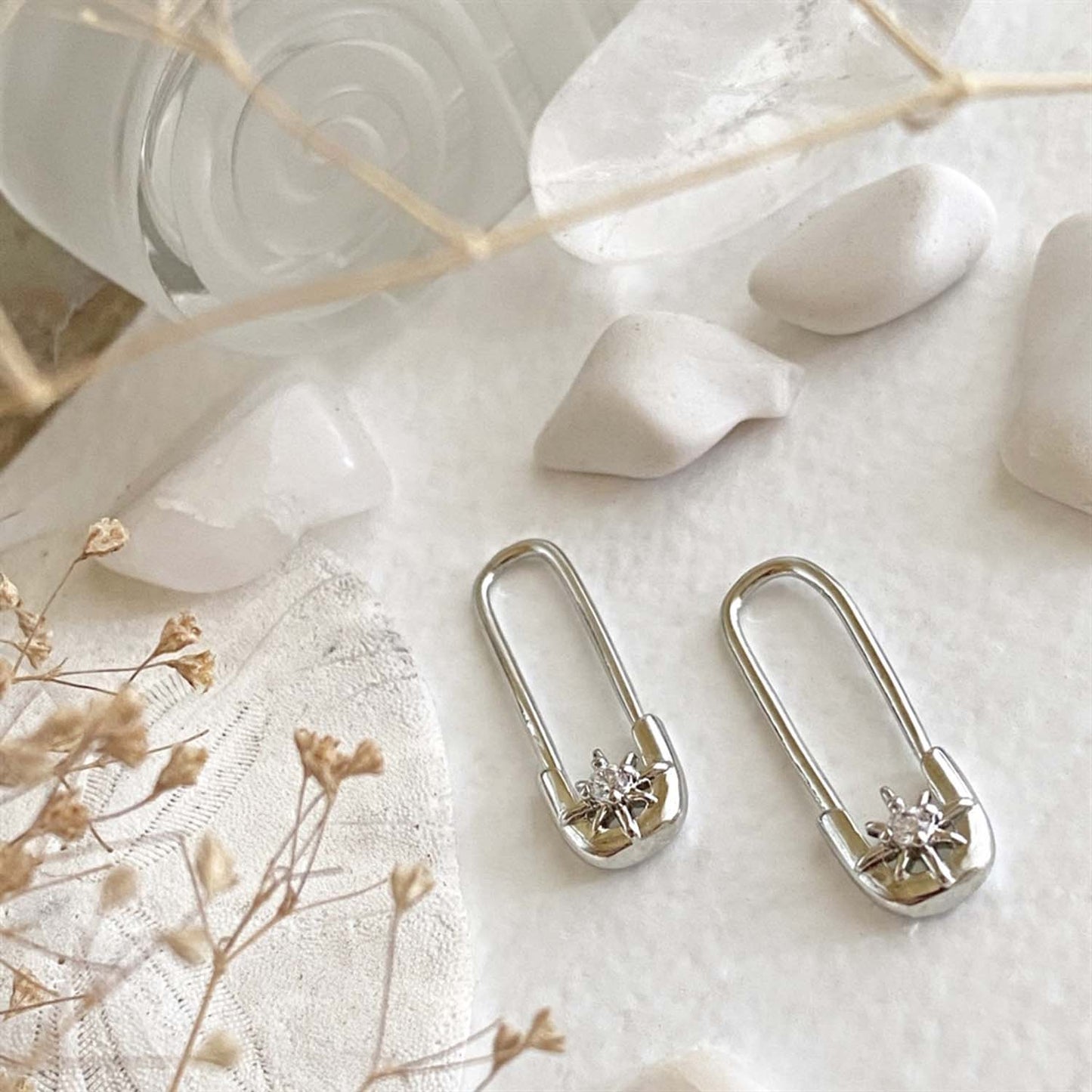 Walter Star Studded Safety Pin Style Earrings in Silver