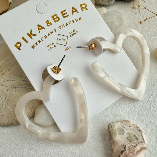 Wilson Acetate Heart Hoop Earrings in White Crystal