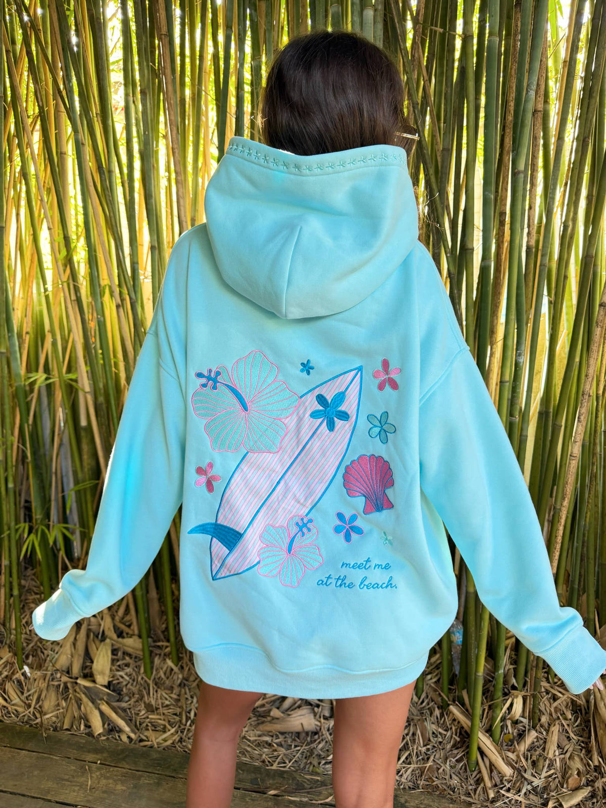 Surfboard Hibiscus Embroidered Hoodie - Lagoon Aqua