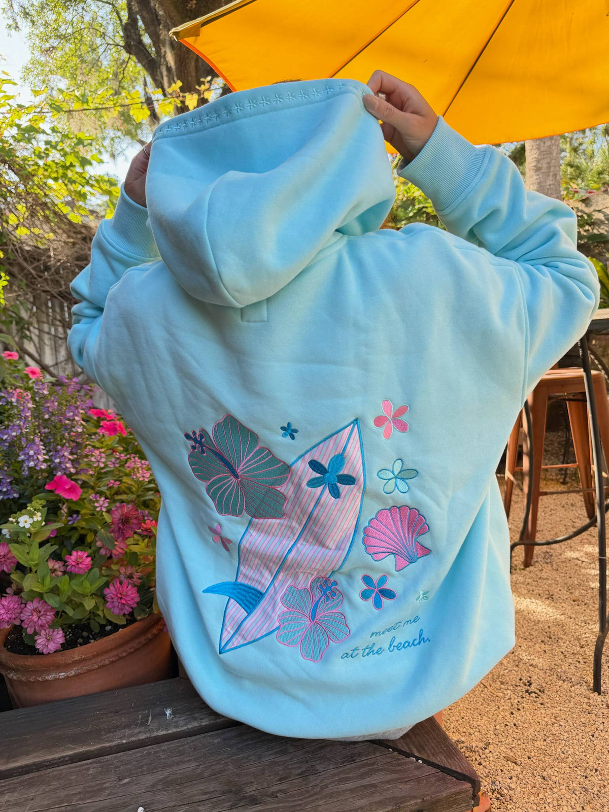Surfboard Hibiscus Embroidered Hoodie - Lagoon Aqua