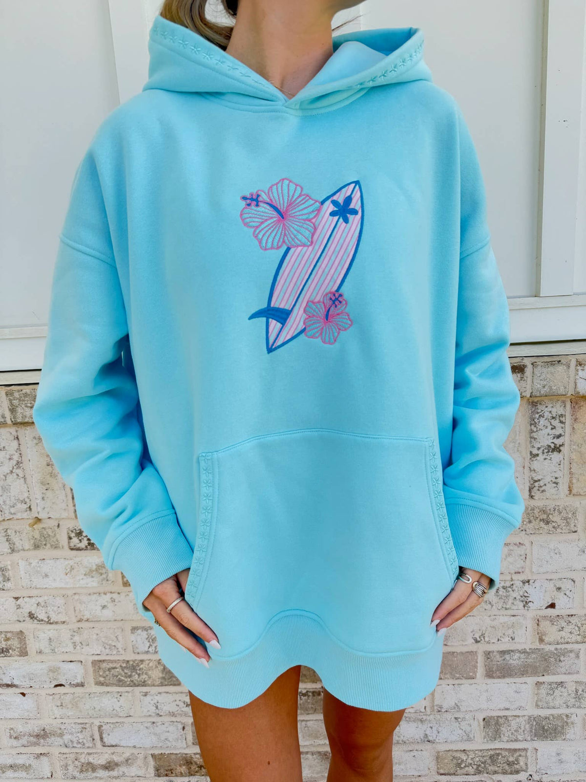 Surfboard Hibiscus Embroidered Hoodie - Lagoon Aqua