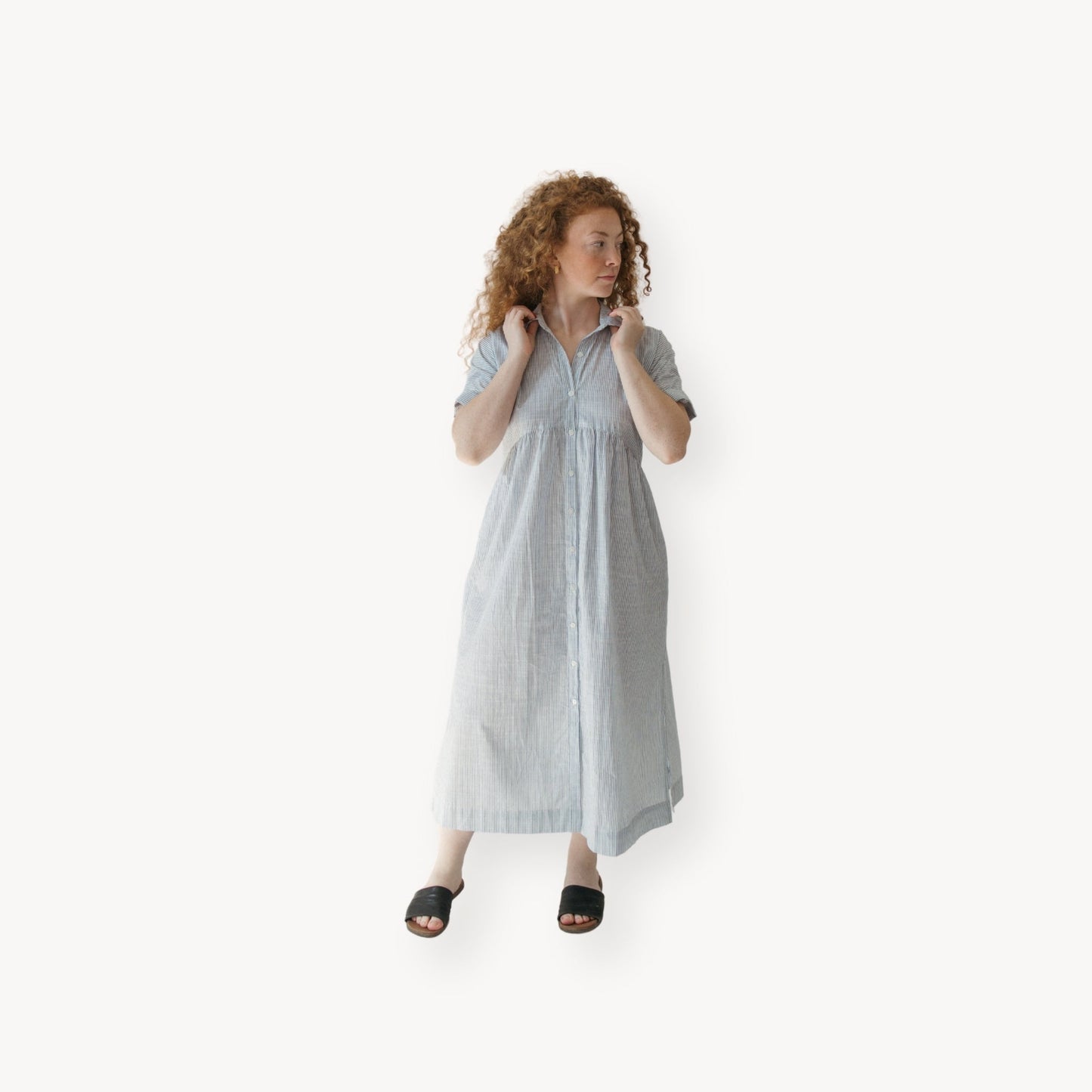 Collared Button Shirt Dress - Navy Stripe
