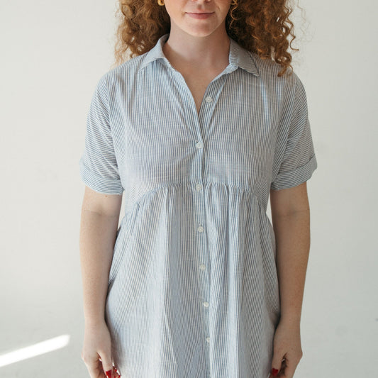 Collared Button Shirt Dress - Navy Stripe