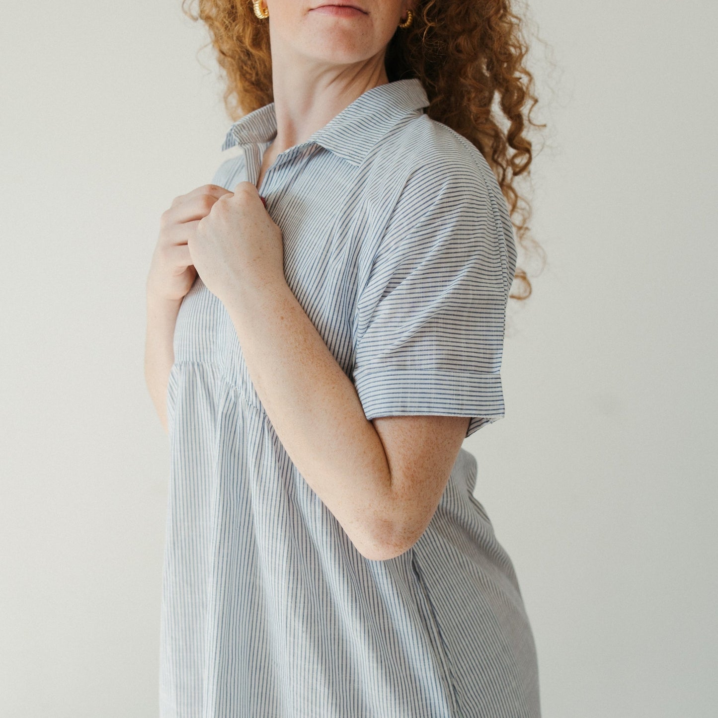 Collared Button Shirt Dress - Navy Stripe