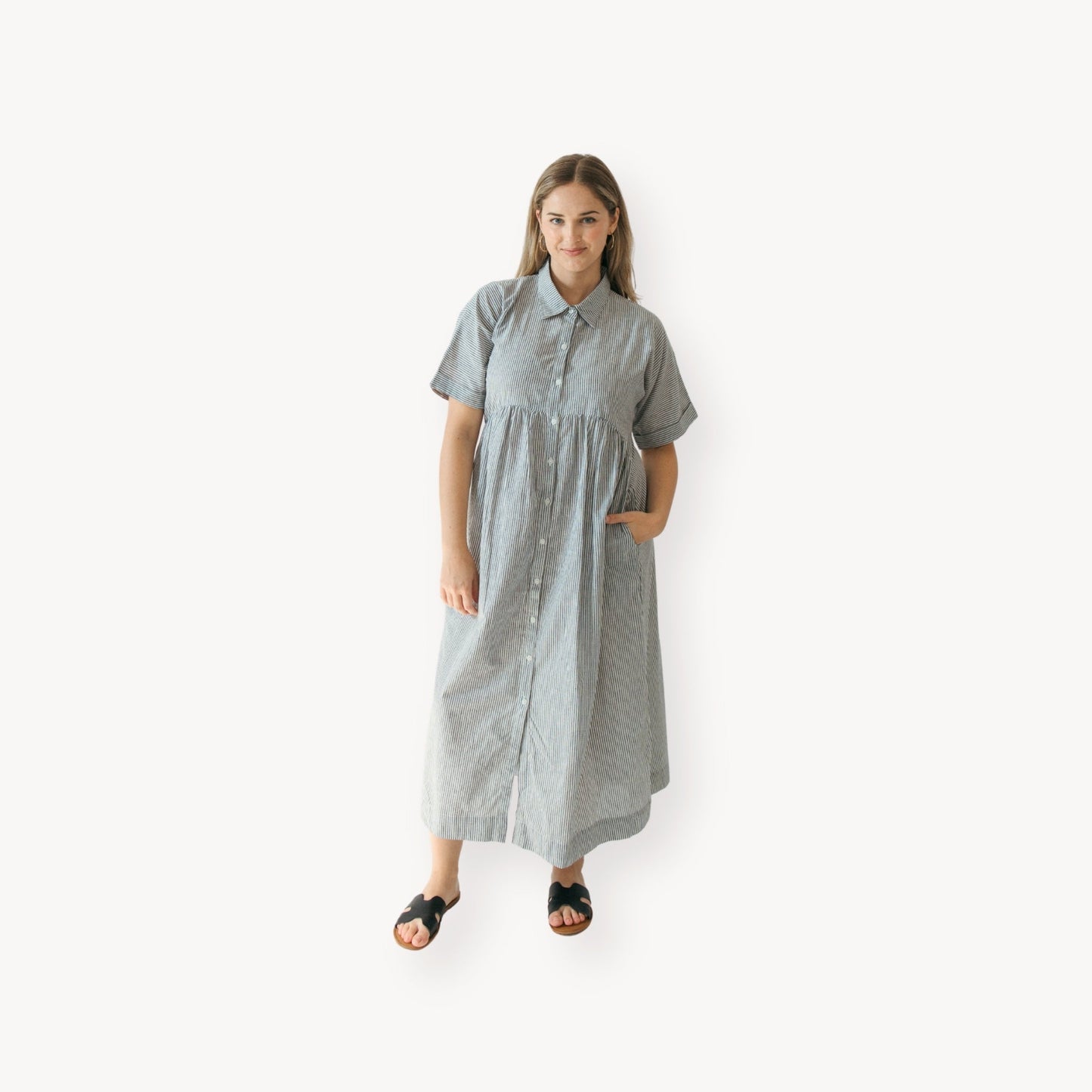 Collared Button Shirt Dress - Charcoal Stripe