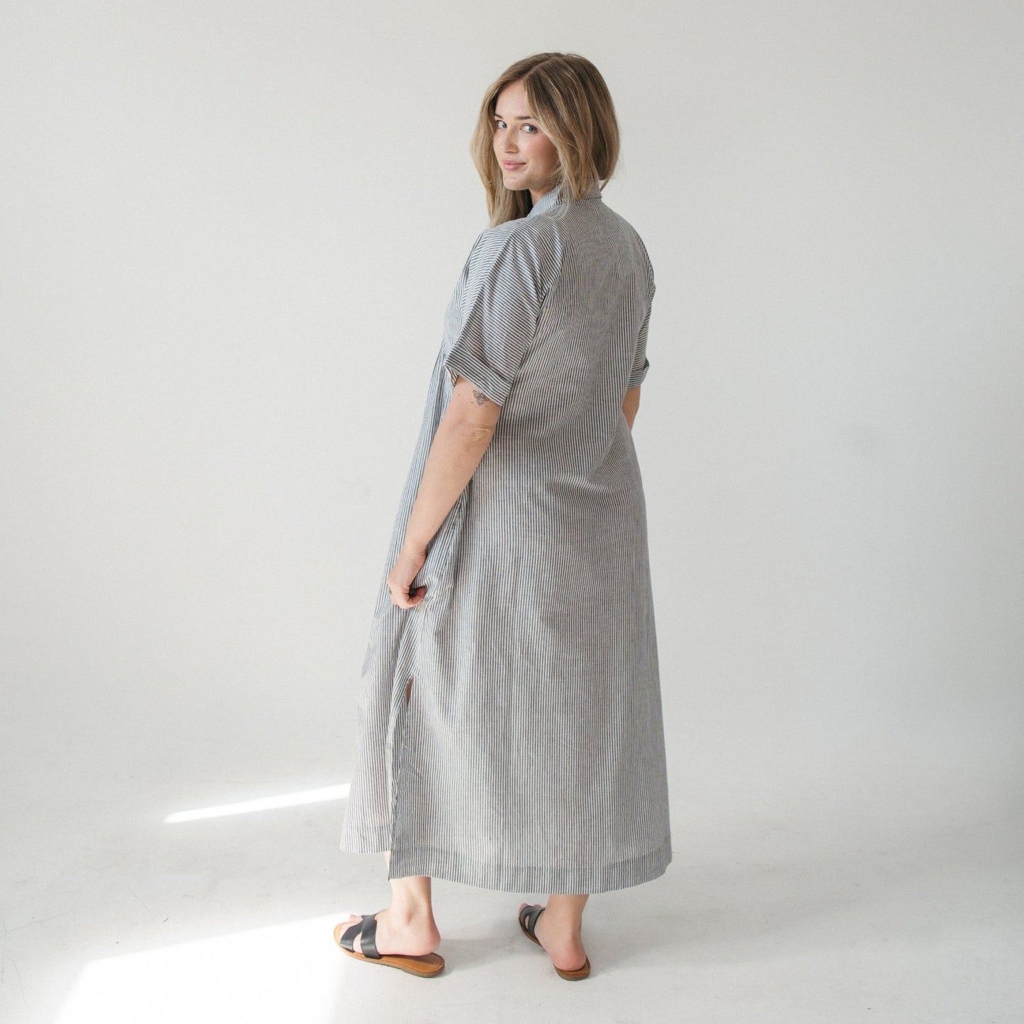 Collared Button Shirt Dress - Charcoal Stripe