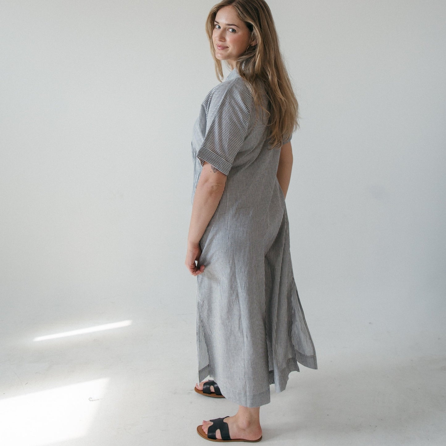 Collared Button Shirt Dress - Charcoal Stripe