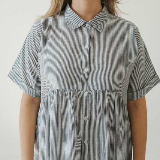 Collared Button Shirt Dress - Charcoal Stripe