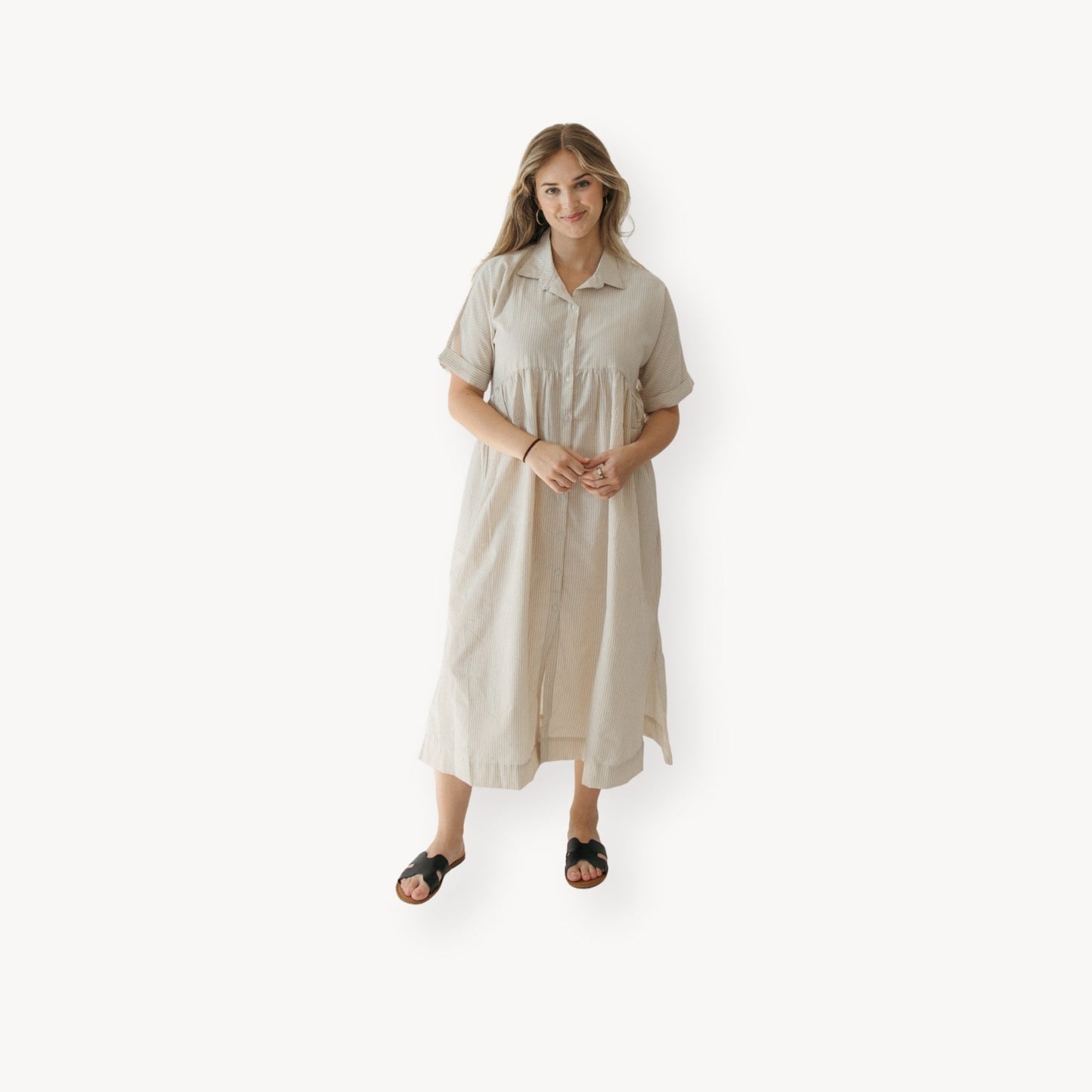Collared Button Shirt Dress - Beige Stripe