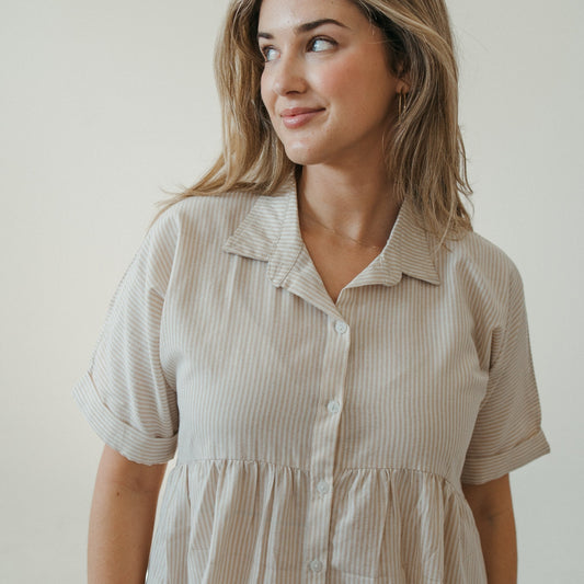 Collared Button Shirt Dress - Beige Stripe