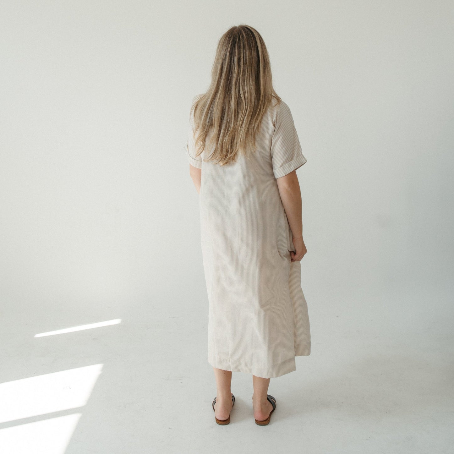 Collared Button Shirt Dress - Beige Stripe