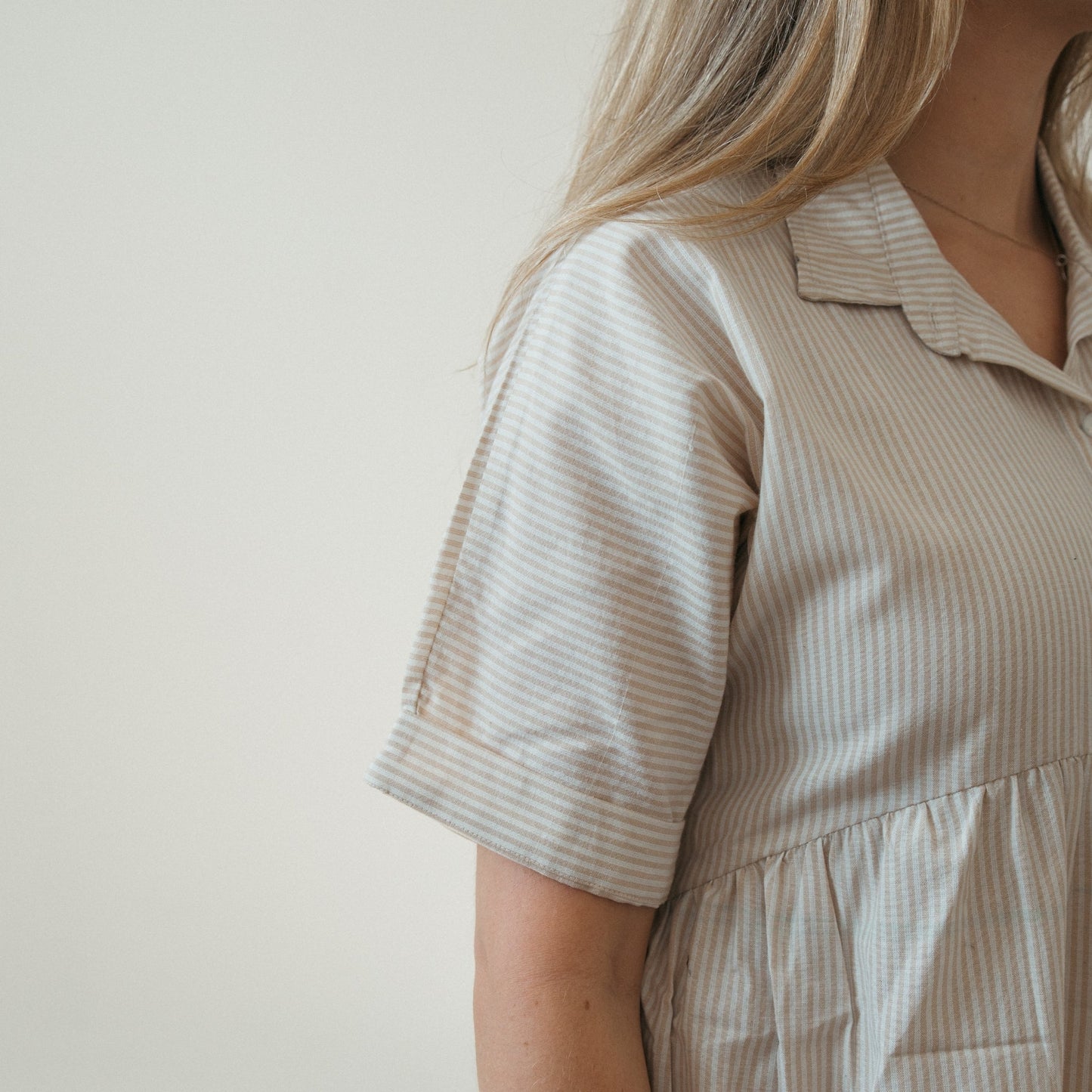 Collared Button Shirt Dress - Beige Stripe