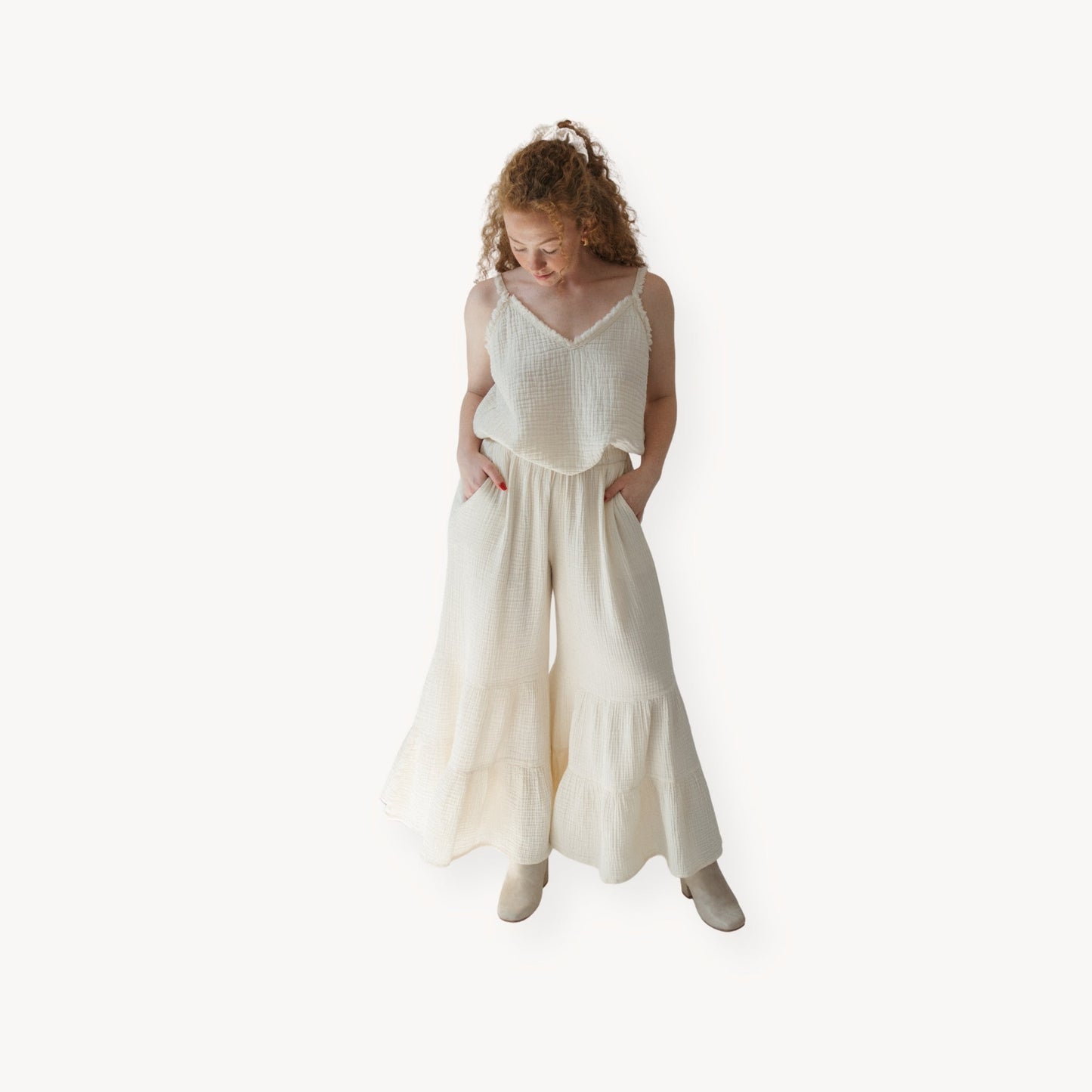 Crinkle Ruffled Pants - Cream