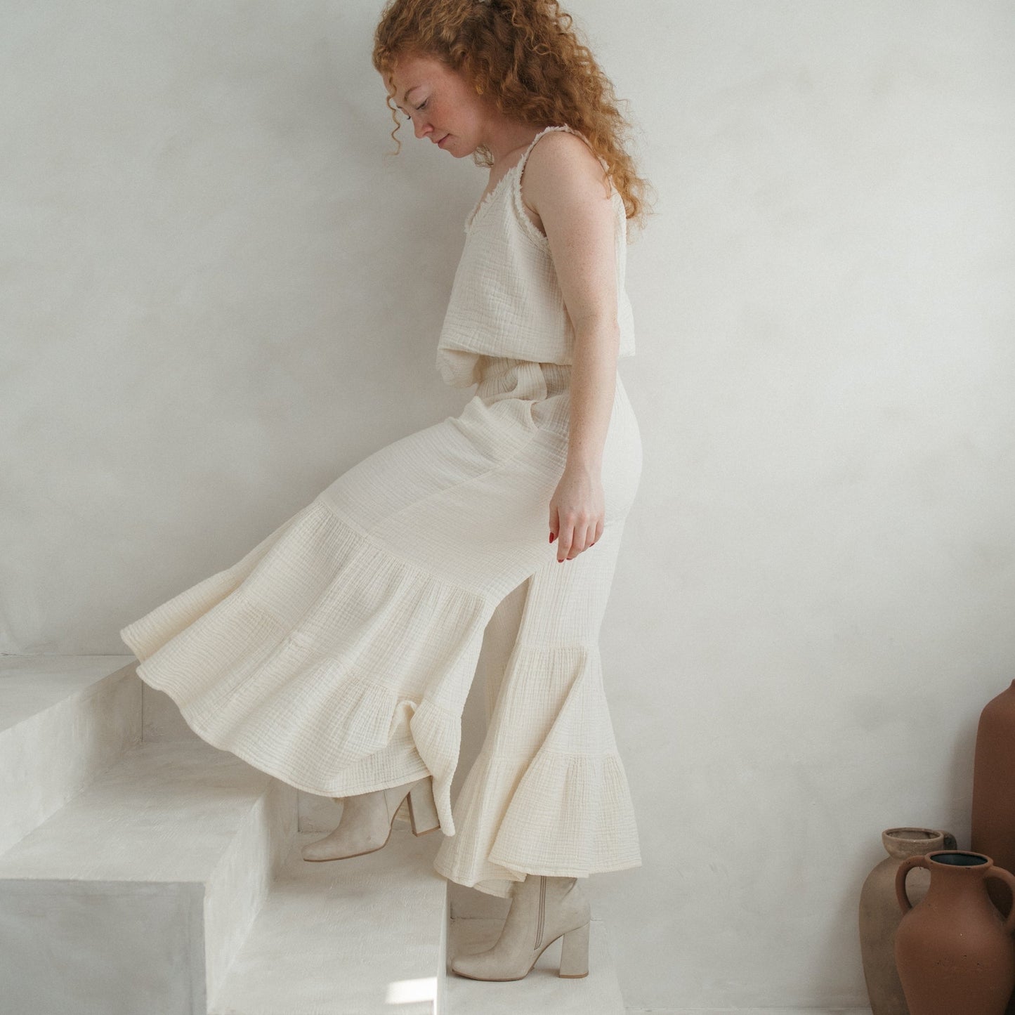 Crinkle Ruffled Pants - Cream