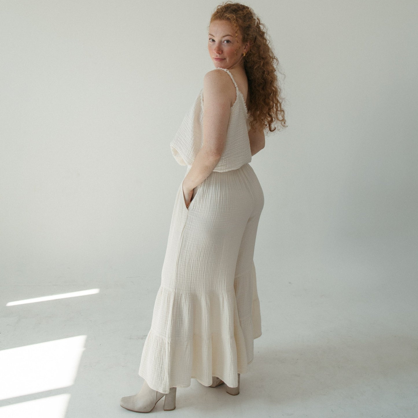 Crinkle Ruffled Pants - Cream