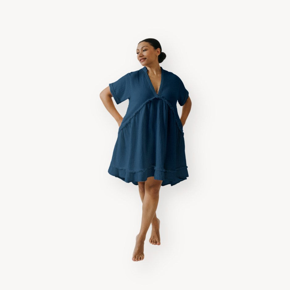 Crinkle Ruffled V Dress - Denim