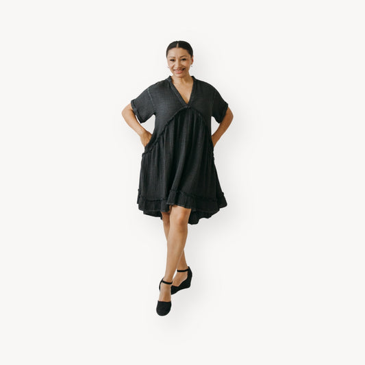 Crinkle Ruffled V Dress - Black