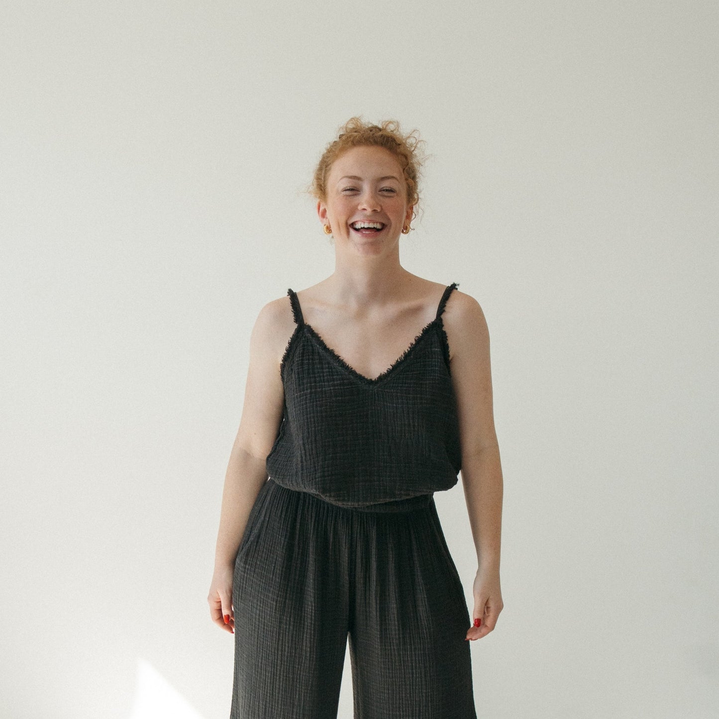Black Crinkle Cotton Strappy Top - One-Sized