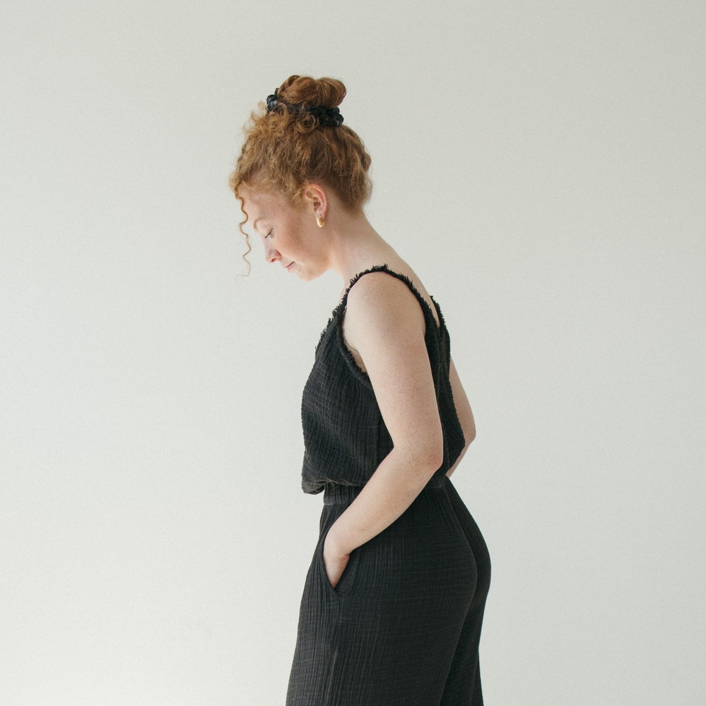 Black Crinkle Cotton Strappy Top - One-Sized