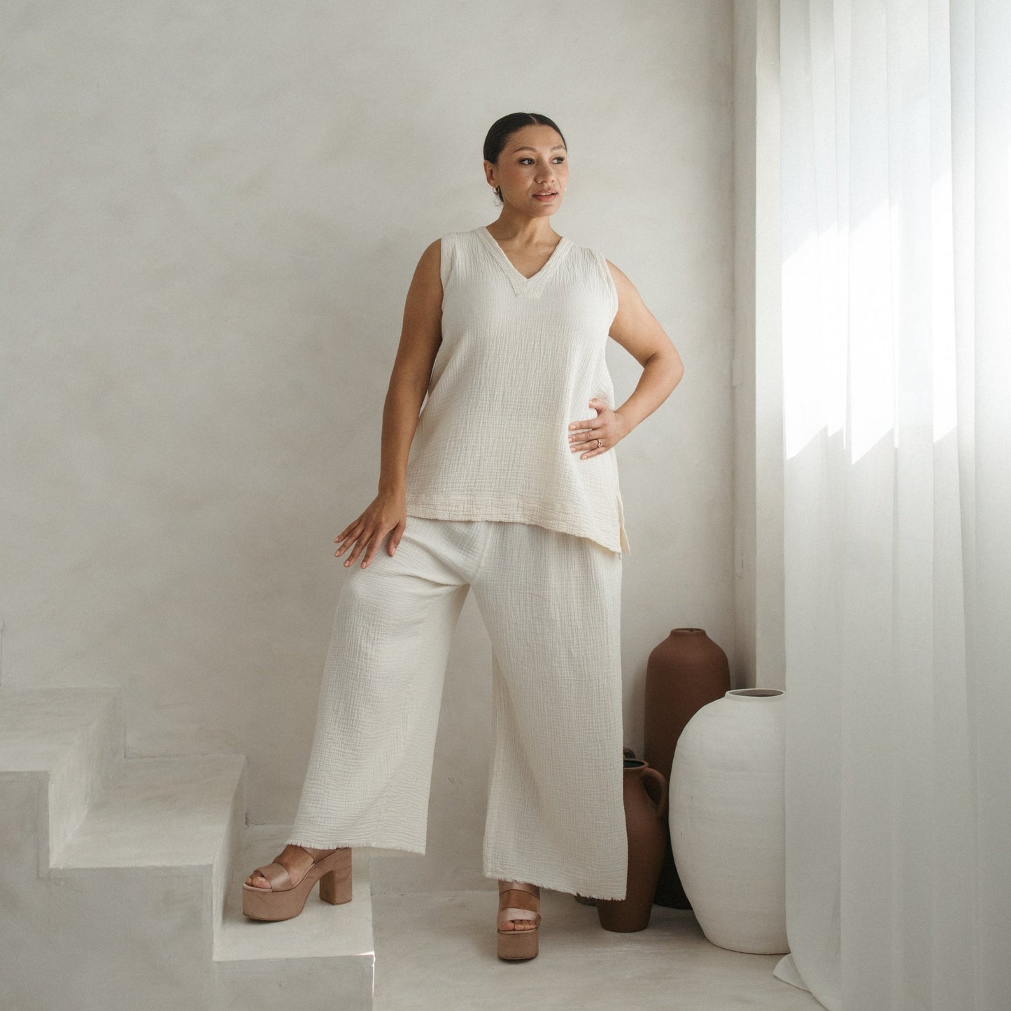 Crinkle Tunic Top - Cream