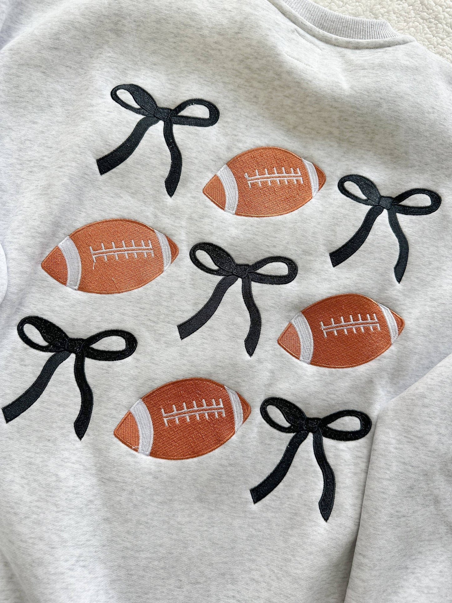 Game Day Embroider Football Bows Sweatshirt - Pearl Grey