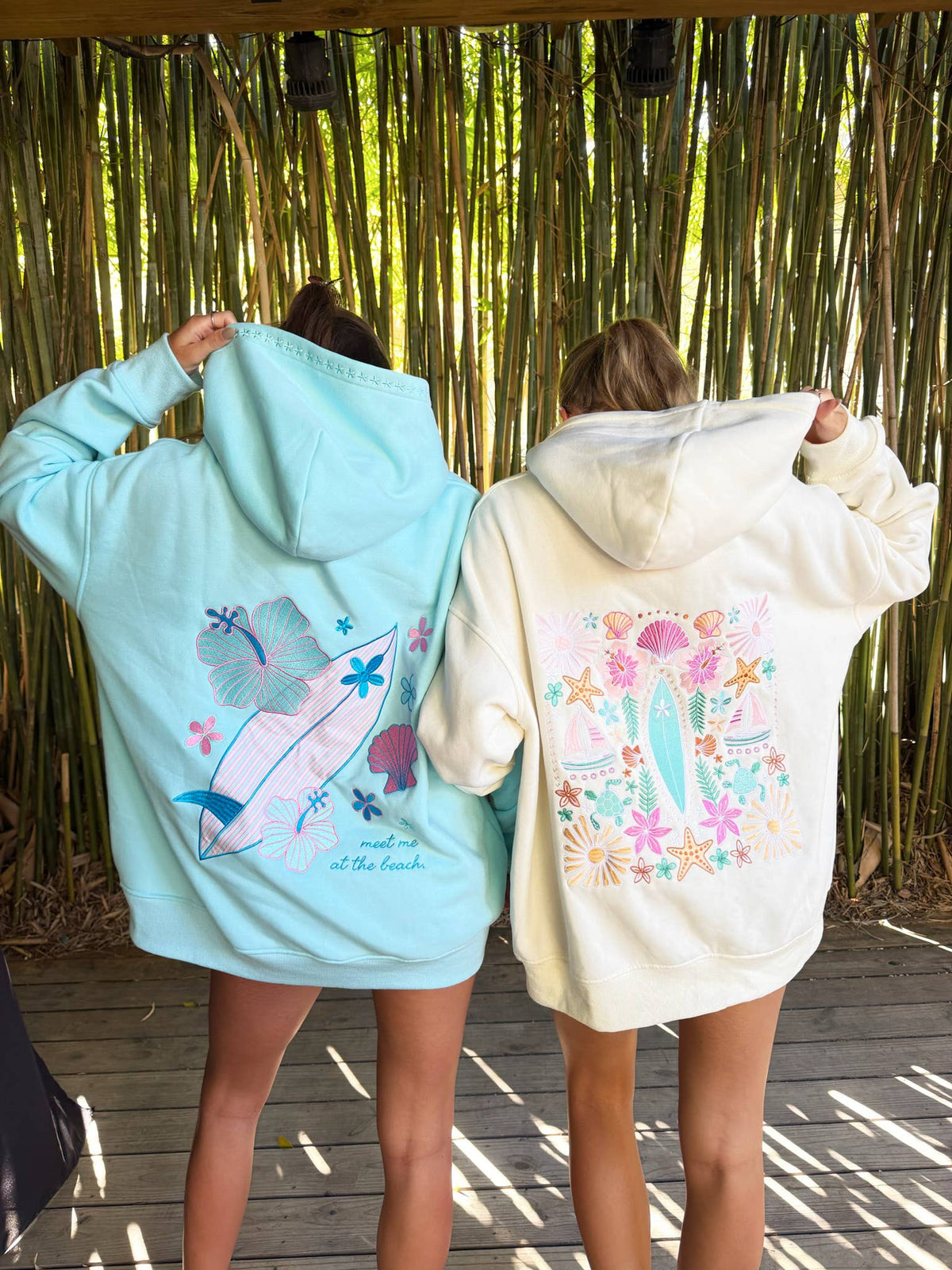 Surfboard Hibiscus Embroidered Hoodie - Lagoon Aqua