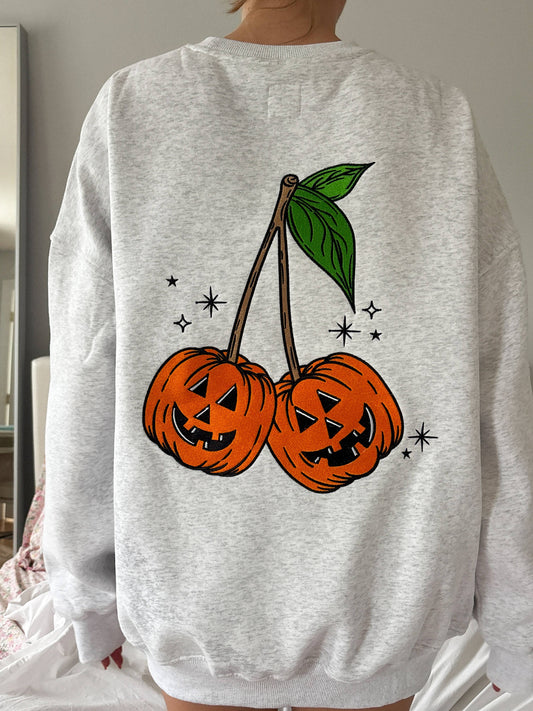 Pumpkin Cherries Fall Autumn Embroider Sweatshirt - Pearl Grey