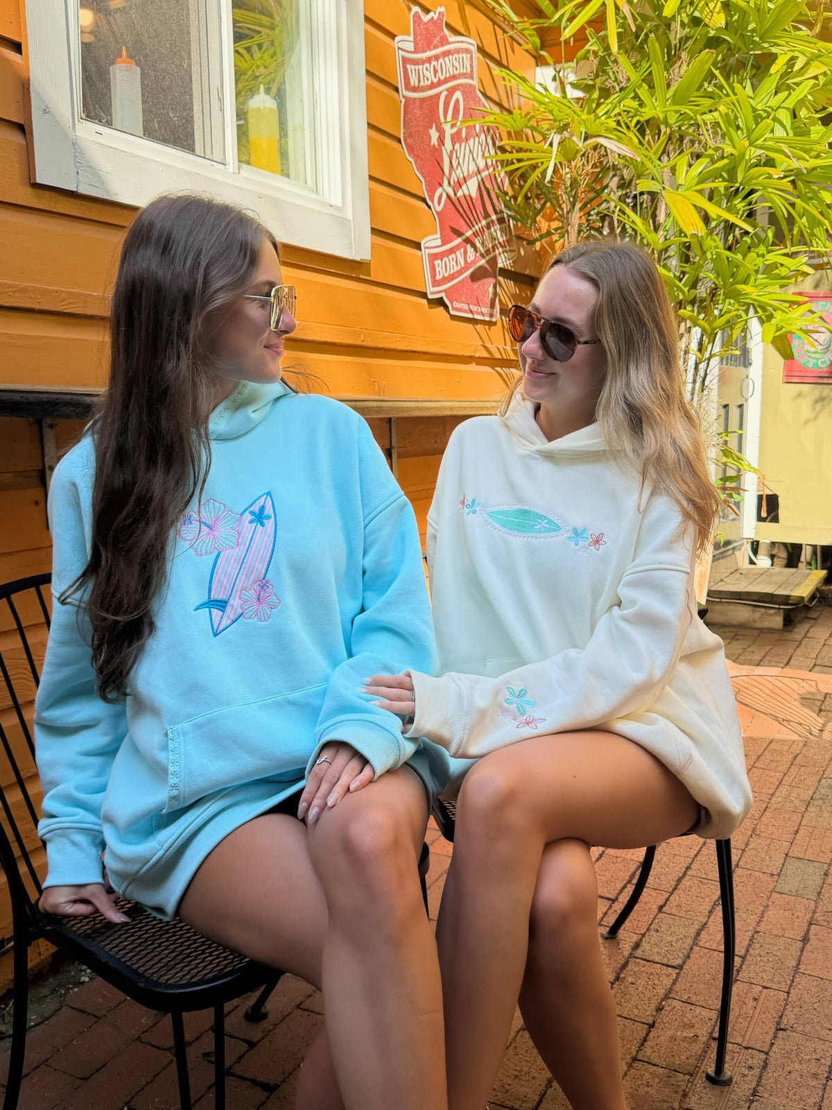 Surfboard Hibiscus Embroidered Hoodie - Lagoon Aqua