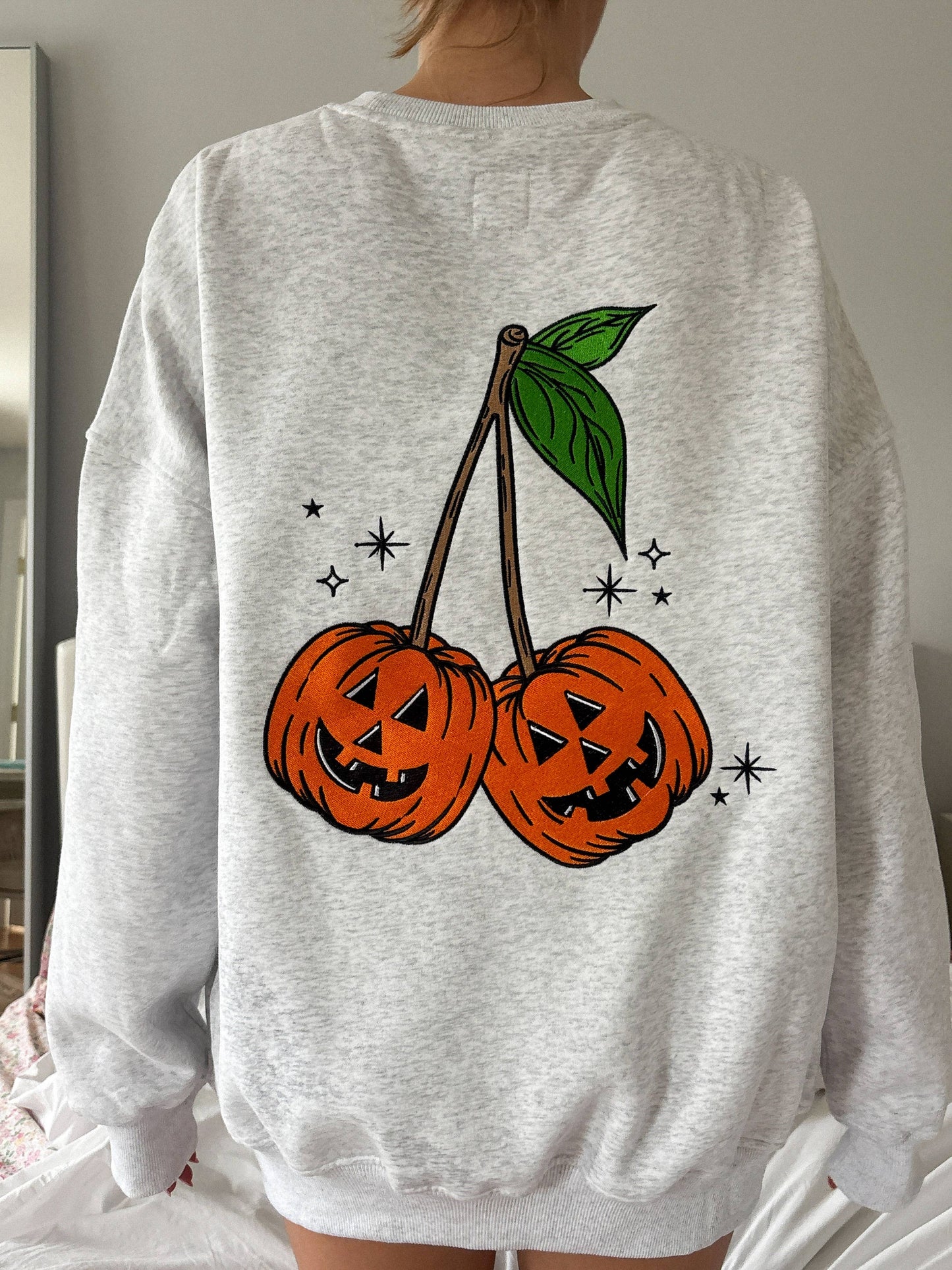 Pumpkin Cherries Fall Autumn Embroider Sweatshirt - Pearl Grey