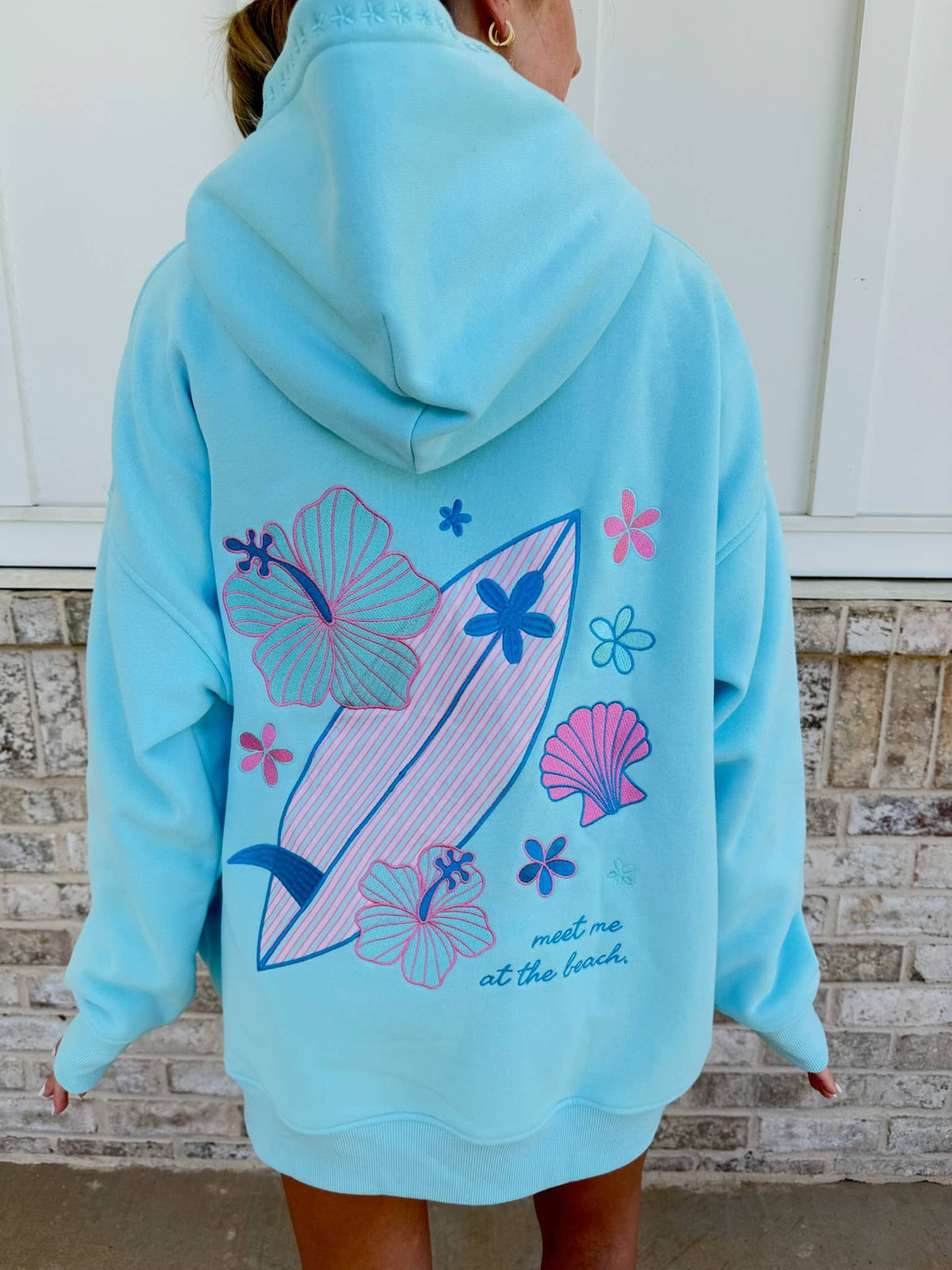 Surfboard Hibiscus Embroidered Hoodie - Lagoon Aqua