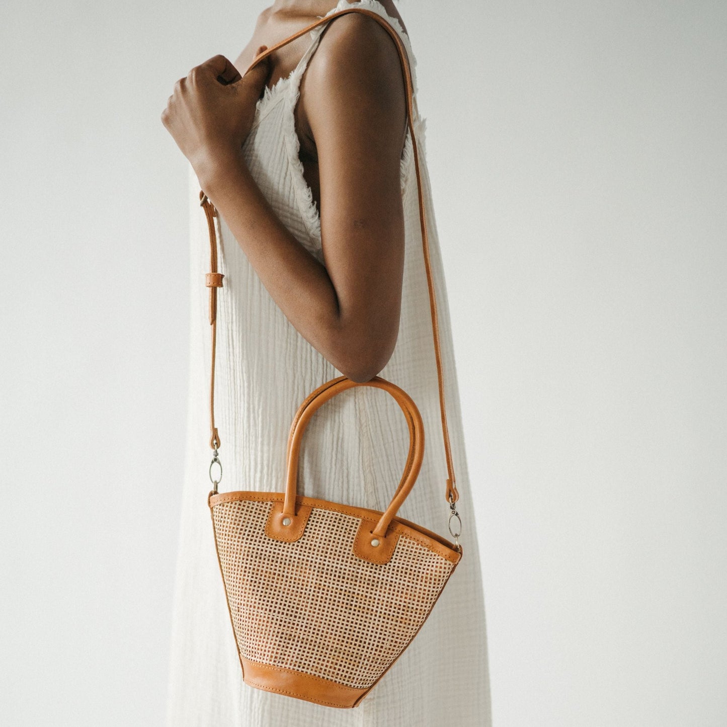 Mata Handled Crossbody Leather Bag with Cane Accent in Caramel or Black