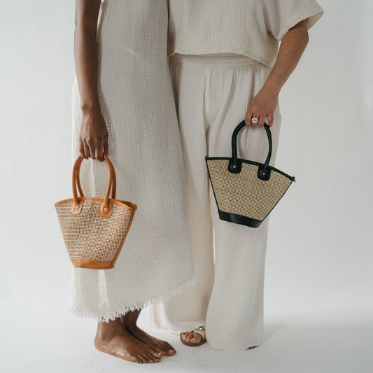 Mata Handled Crossbody Leather Bag with Cane Accent in Caramel or Black