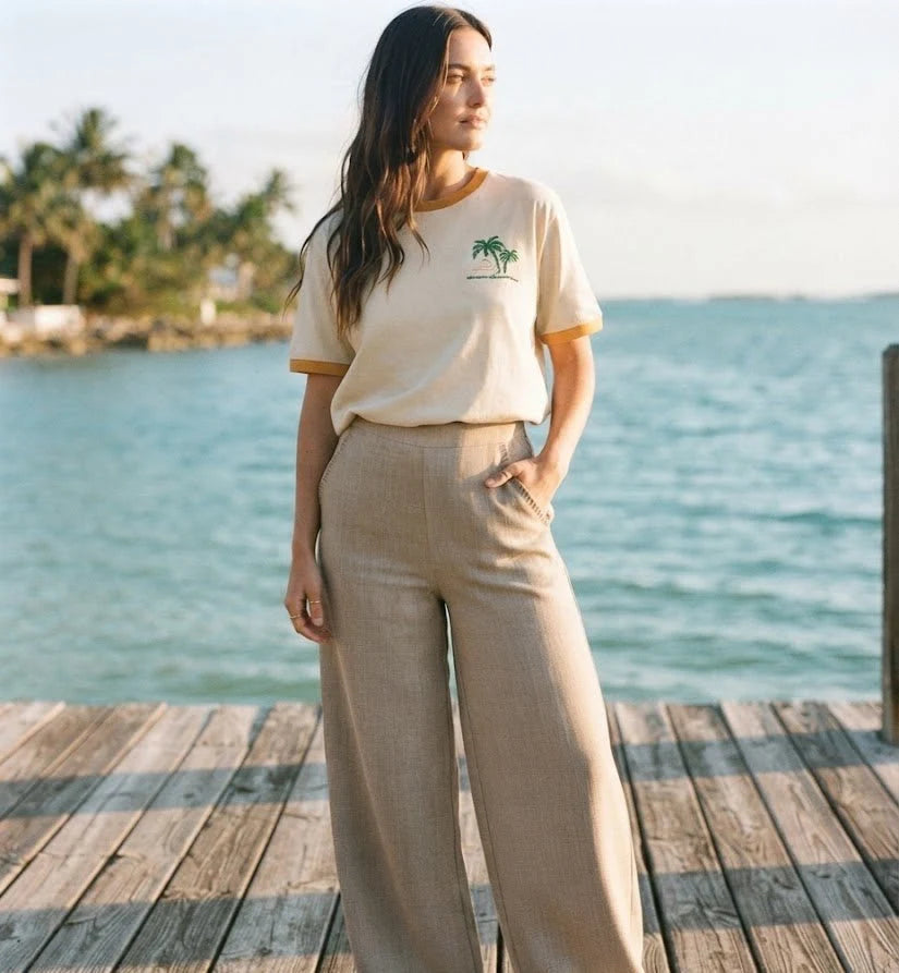 Linen Whip Stitch Wide Leg Pant - Natural