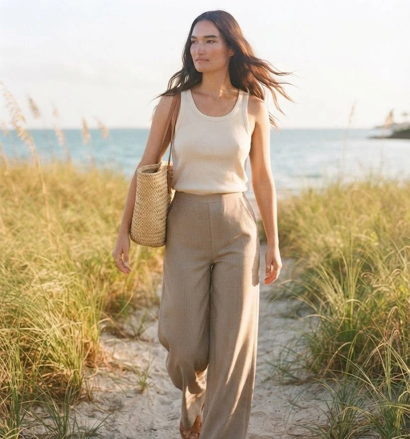 Linen Whip Stitch Wide Leg Pant - Natural