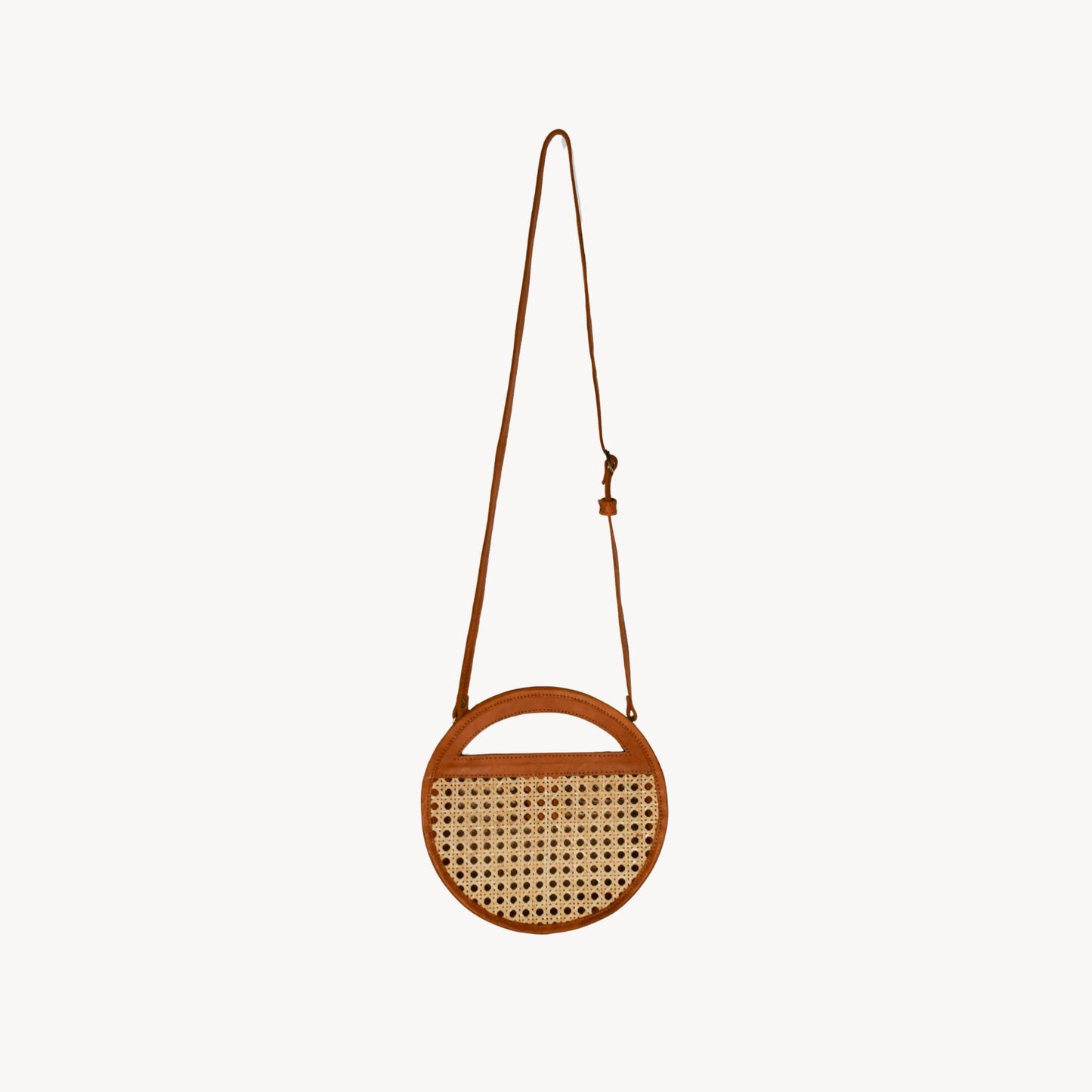 Round Leather Bag with Cane Accent - Caramel